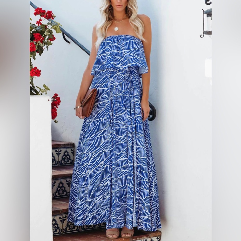 Strapless Blue and White Printed Dress